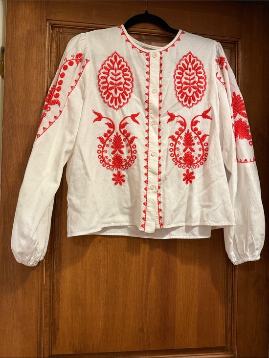 Zara Tops - Zara White Blouse with Bright Red Embroidery